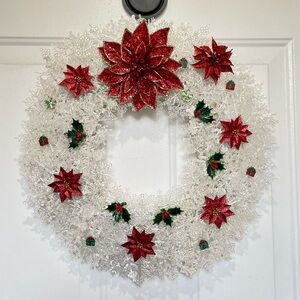 SNOWFLAKE CHRISTMAS DOOR/WALL WREATH WITH ORNAMENTS AND RED POINSETTIAS!